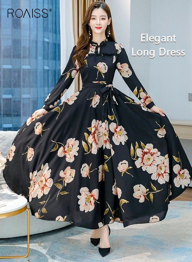 roaiss Women's Elegant Waisted Long Sleeve Printed Dress  Flattering Slim Fit Dress Featuring a Stylish Belt, Flowing Large Skirt Hem, and Vibrant Print for Ladies' Parties, Ramadan Gatherings, and Eid al-Adha Celebrations Black - Image 1