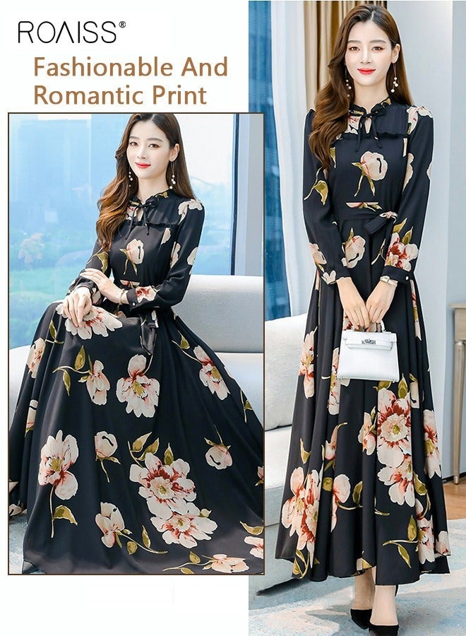 roaiss Women's Elegant Waisted Long Sleeve Printed Dress  Flattering Slim Fit Dress Featuring a Stylish Belt, Flowing Large Skirt Hem, and Vibrant Print for Ladies' Parties, Ramadan Gatherings, and Eid al-Adha Celebrations Black - Image 4