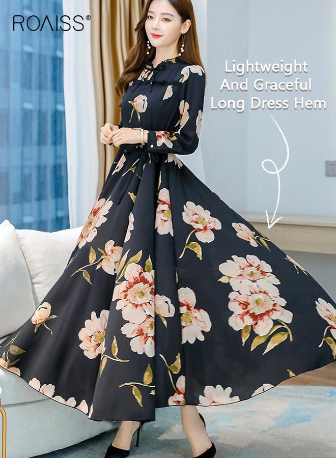 roaiss Women's Elegant Waisted Long Sleeve Printed Dress  Flattering Slim Fit Dress Featuring a Stylish Belt, Flowing Large Skirt Hem, and Vibrant Print for Ladies' Parties, Ramadan Gatherings, and Eid al-Adha Celebrations Black - Image 2