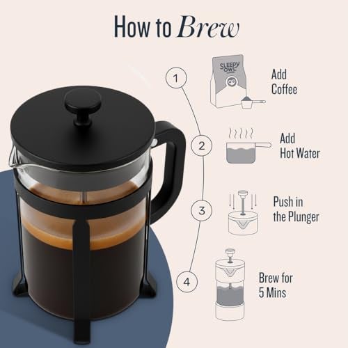Sleepy Owl French Press Coffee Maker 600ml - Black | Heat Resistant Borosilicate Glass and Double Filtered Perfection for the Perfect Brew | Stainless Steel | Portable | Office & Home - Image 3