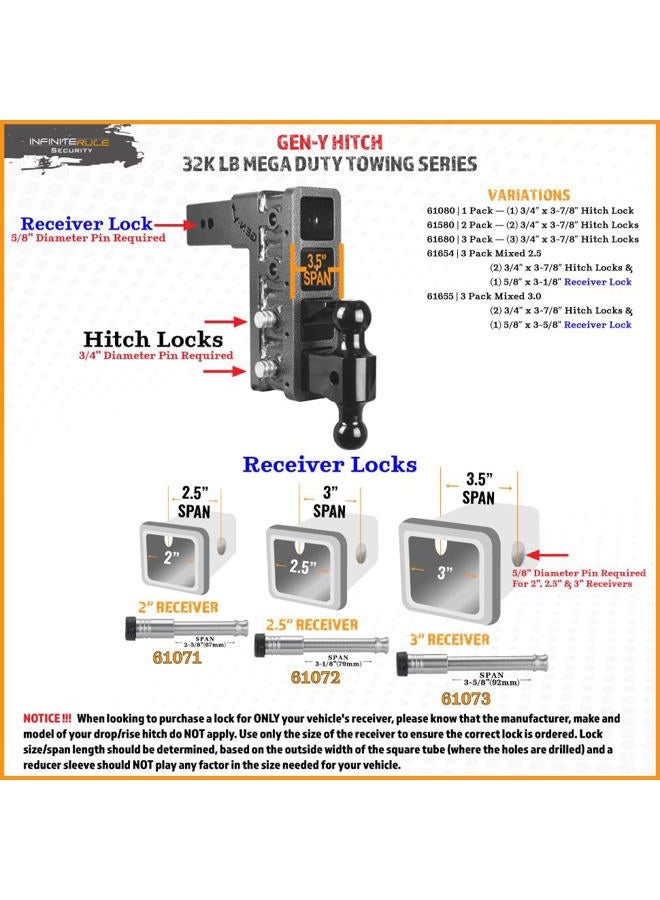 InfiniteRule Security , Inc. 61680 | 3 Pack, Keyed Alike, Hitch Locks (Fits: Gen-Y Hitch - Mega Duty - 32K LB Series) - Image 2