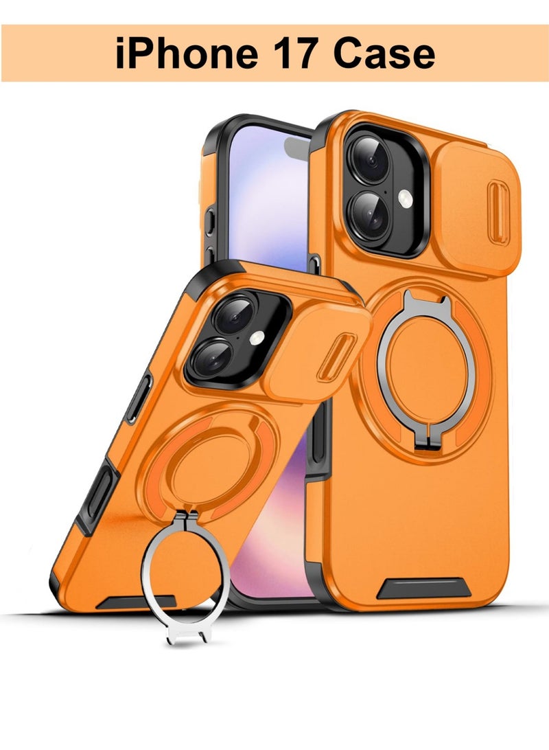 Abania iPhone 17 MagSafe Case - Sliding Camera Cover Privacy, 360° Rotatable Ring Stand, Military Grade Rugged Armor (Orange) - Image 1