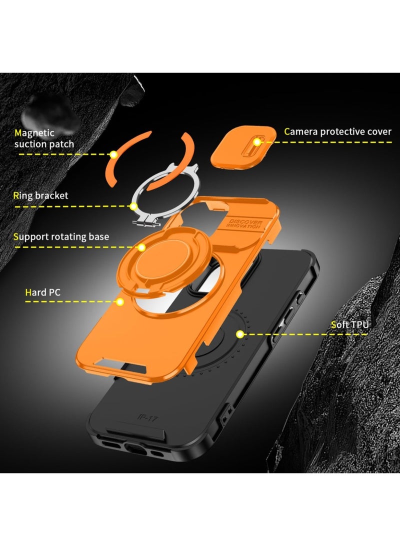 Abania iPhone 17 MagSafe Case - Sliding Camera Cover Privacy, 360° Rotatable Ring Stand, Military Grade Rugged Armor (Orange) - Image 3