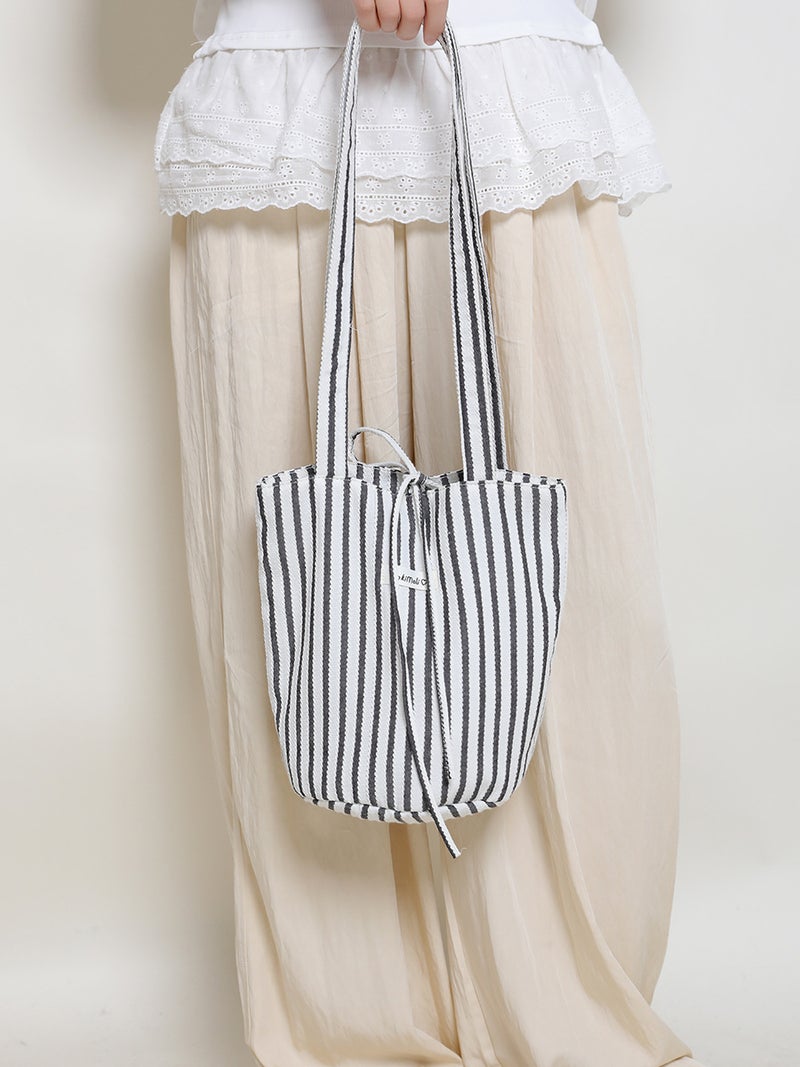 Striped Canvas Bag Korean Style Lazy Style Cloth Bag Ins Bucket Bag Japanese Department College Art Shoulder Tote Bag Women'S Batch - Image 3
