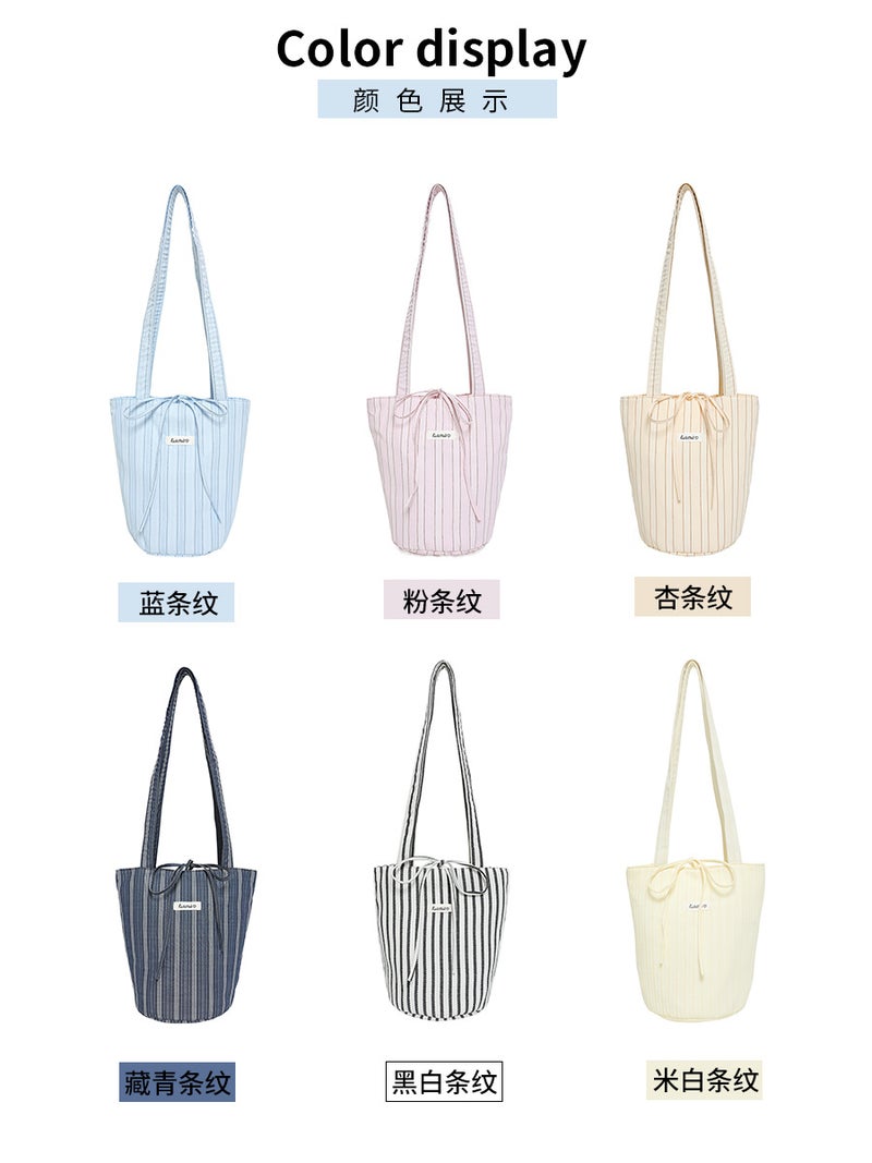 Striped Canvas Bag Korean Style Lazy Style Cloth Bag Ins Bucket Bag Japanese Department College Art Shoulder Tote Bag Women'S Batch - Image 5