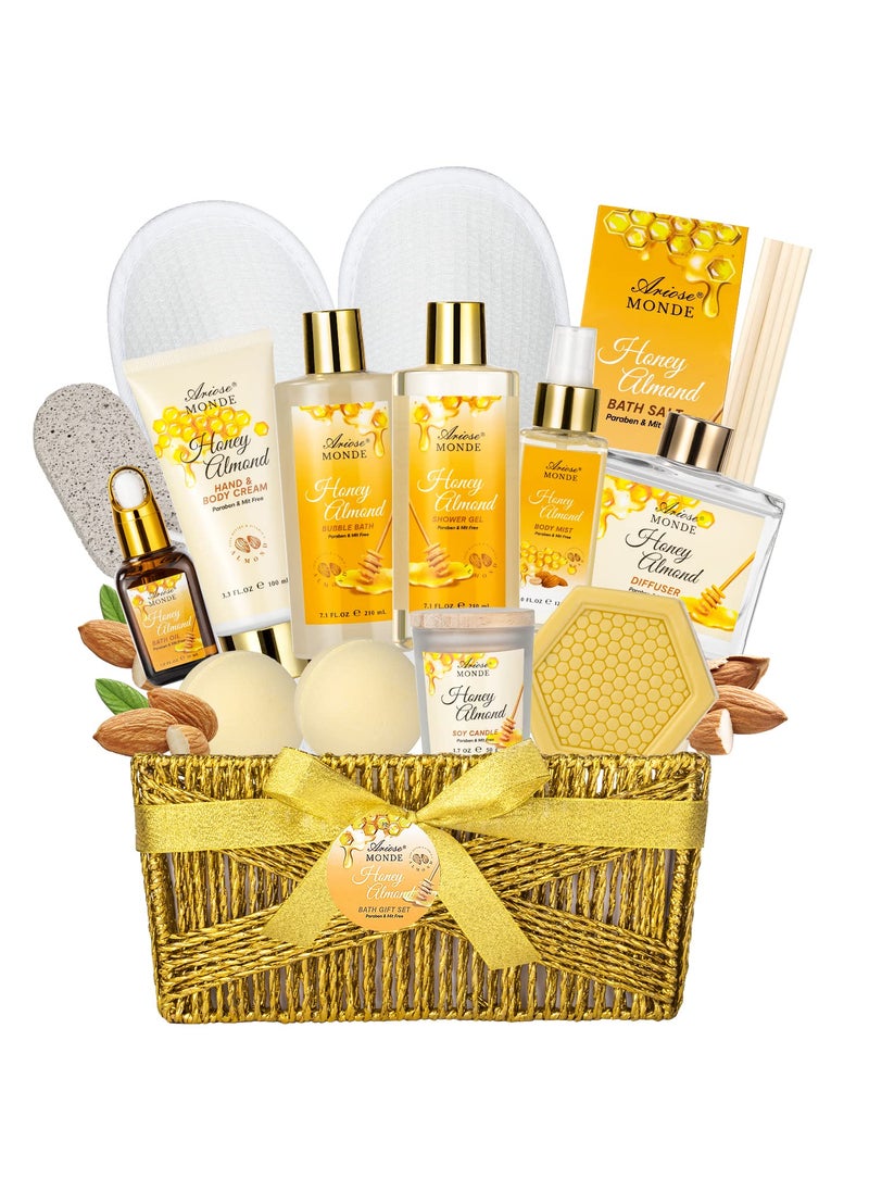 ArioseMonde Bath & Body Gift Set, Luxury Home Spa Bath Gift Basket, Honey Almond Scented Bath Set, Pamper Gifts for Women & Teens, 15 Pcs Relaxing Home Spa Kit with Bubble Bath, Bath Salts, Body Lotion 