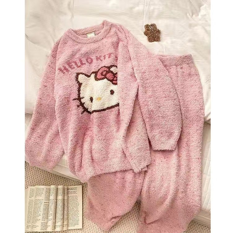 Pajamas Women Soft Half-Side Velvet Thickened Fleece-Lined Sweet Internet Red Coral Velvet Suit - Image 5