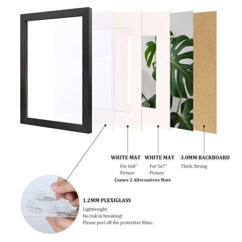 Egofine Egofine 9x12 Picture Frames 4PCS Covered by Plexiglass  Wood Frames for Pictures 5x7/6x8 with Mat or 9x12 without Mat  Tabletop and Wall Mounting Display  Black with Texture  - Image 4