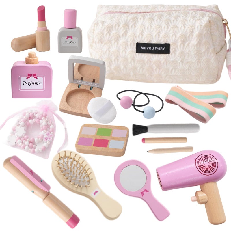 SMARTWO Wooden Makeup Toy Set for ToddlerKids Pretend PlayChildren Role Play ToysFake Cosmetics Salon ToysPrincess Dressup Accessories with Bag Birthday Gift for Girls 3 4 5 6 - Image 3