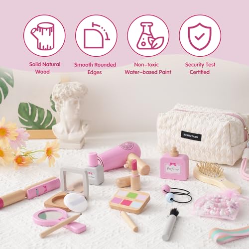 SMARTWO Wooden Makeup Toy Set for ToddlerKids Pretend PlayChildren Role Play ToysFake Cosmetics Salon ToysPrincess Dressup Accessories with Bag Birthday Gift for Girls 3 4 5 6 - Image 5
