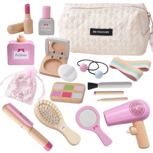 SMARTWO Wooden Makeup Toy Set for ToddlerKids Pretend PlayChildren Role Play ToysFake Cosmetics Salon ToysPrincess Dressup Accessories with Bag Birthday Gift for Girls 3 4 5 6 - Image 1