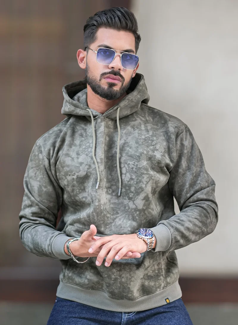 Maniac Maniac Mens Spray Printed Hooded Neck Full Sleeve Olive Loopnet Sweatshirt