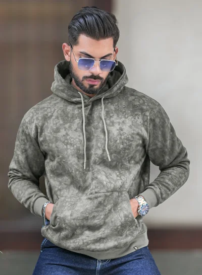 Maniac Maniac Mens Spray Printed Hooded Neck Full Sleeve Olive Loopnet Sweatshirt