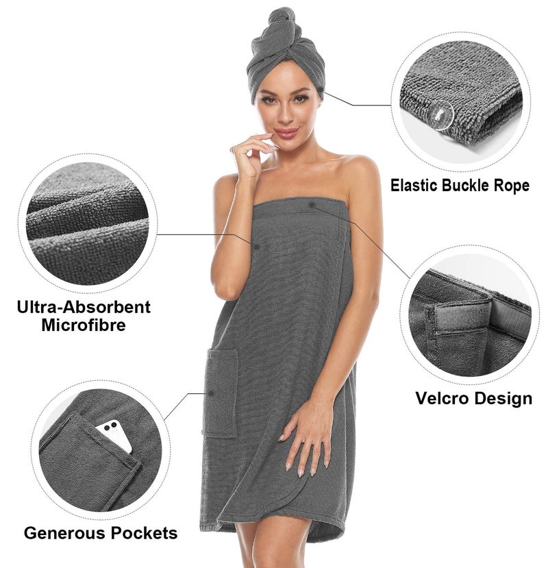 Orrpally Women Shower Wrap Robe Bath Wrap Towel Spa Body Wrap Adjustable Closure Bathrobe Grey S/M - Image 4