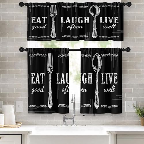 Tayney Black White Kitchen Window Curtains Valance and Tier Set 36 Inch Farmhouse Eat Good Laugh Often Live Well Rod Pocket Short Tier Curtain, Abstract Small Drapes for Kitchen Decor - Image 1