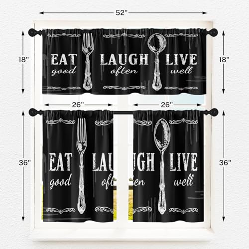 Tayney Black White Kitchen Window Curtains Valance and Tier Set 36 Inch Farmhouse Eat Good Laugh Often Live Well Rod Pocket Short Tier Curtain, Abstract Small Drapes for Kitchen Decor - Image 4