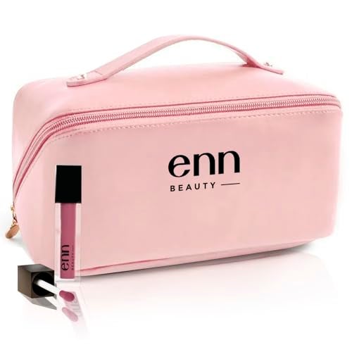 ENN Beauty Makeup Organiser Travel Bag for Women – Waterproof Cosmetic Pouch Bag, Compact & Stylish Makeup Storage Tote for Travelling (Pink) with One Free Lipstick - Image 1