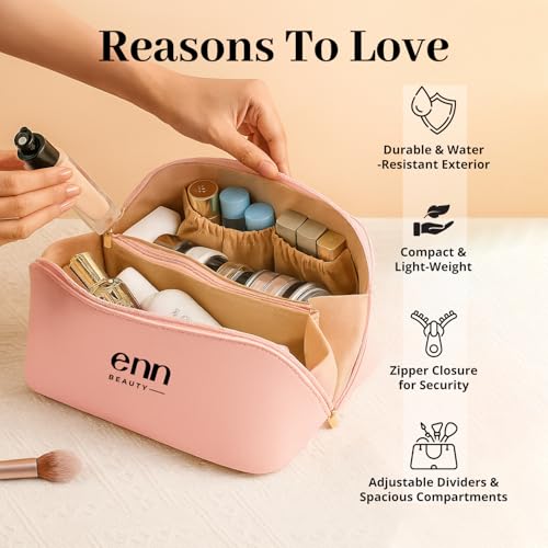 ENN Beauty Makeup Organiser Travel Bag for Women – Waterproof Cosmetic Pouch Bag, Compact & Stylish Makeup Storage Tote for Travelling (Pink) with One Free Lipstick - Image 3