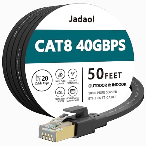 Jadaol Cat8 Ethernet Cable, Outdoor&Indoor, 50 FT Heavy Duty High Speed Cat 8 LAN Network Cable, 40Gbps 2000MHz RJ45 Flat Internet Computer Patch Cord, Weatherproof S/FTP UV Resistant for Router/Modem/Gaming - Image 1