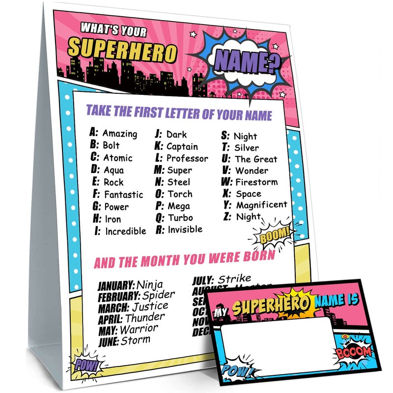 What is Your Superhero Name Game  Superhero birthday party game Superhero Birthday Party Sign for Girls Kids Superhero Activity Decoration Supplies1 Superhero Theme Sign and 30 Name Tag Stickers