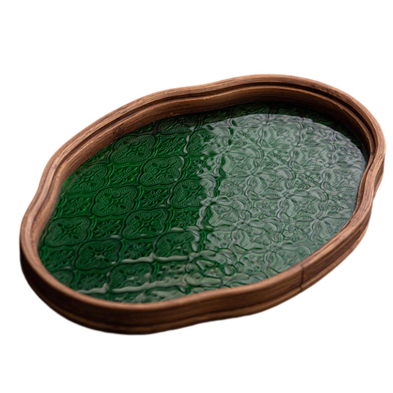 IEUDNS Begonia Flower Glass Tray Storage Tray Holder Storage Tea Cup Decorative Tray, Green Small - Image 1