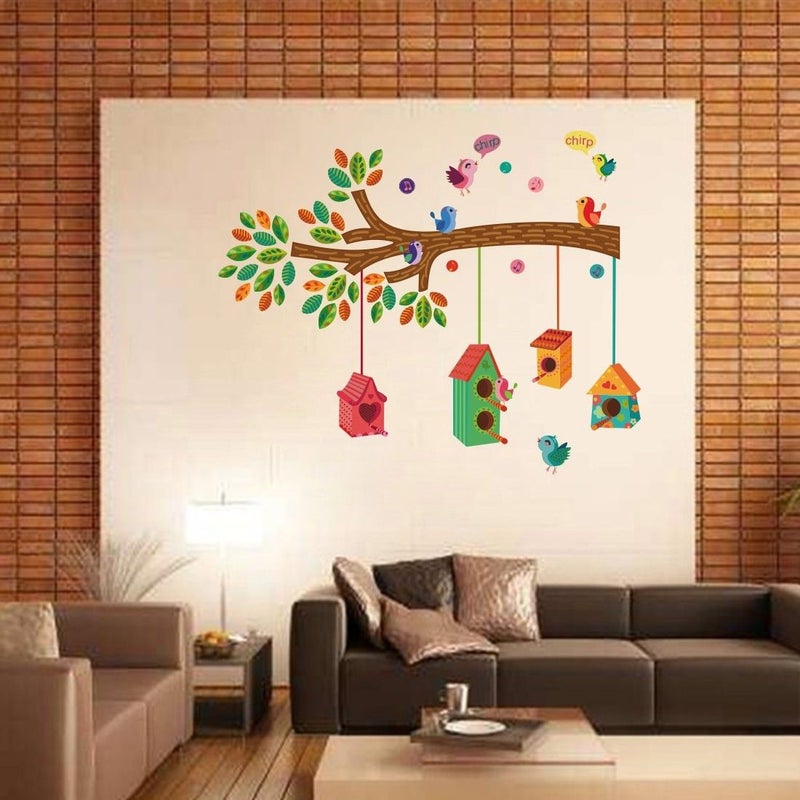 Eja Art مجموعة من 4 ملصقات حائط ملونة - بيت الطيور على غصن | كرمة الطيور | علبة الطيور مع مفتاح | بسم الله الرحمن الرحيم المادة - فينيل - Image 2