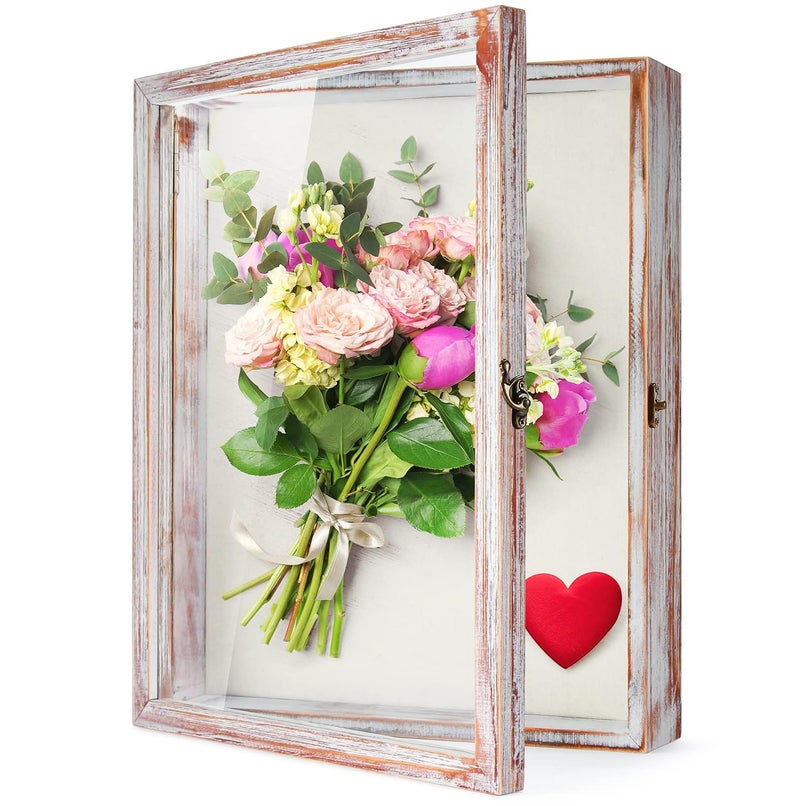 TJMOREE Flowers Shadow Box Display Case 13 x 16 Vintage Large Shadow Box Frame with Glass Window Door Farmhouse Deep Picture Frame Wedding Bouquet Memorabilia Photos Memory Box  White Pink