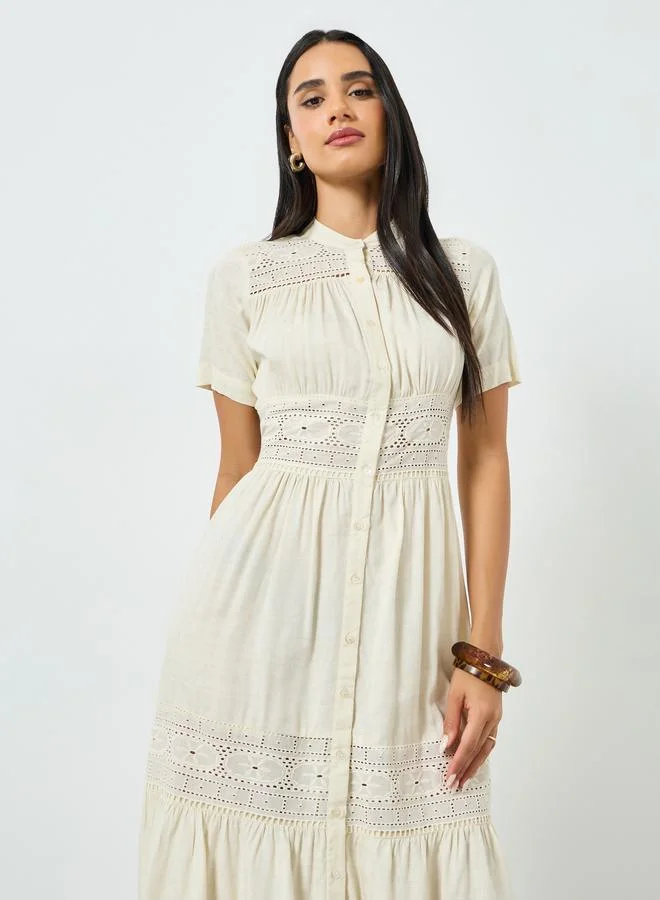 Styli Crem Lace Insert Buttoned Shirt Midi Dress