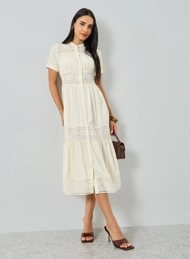 Styli Crem Lace Insert Buttoned Shirt Midi Dress