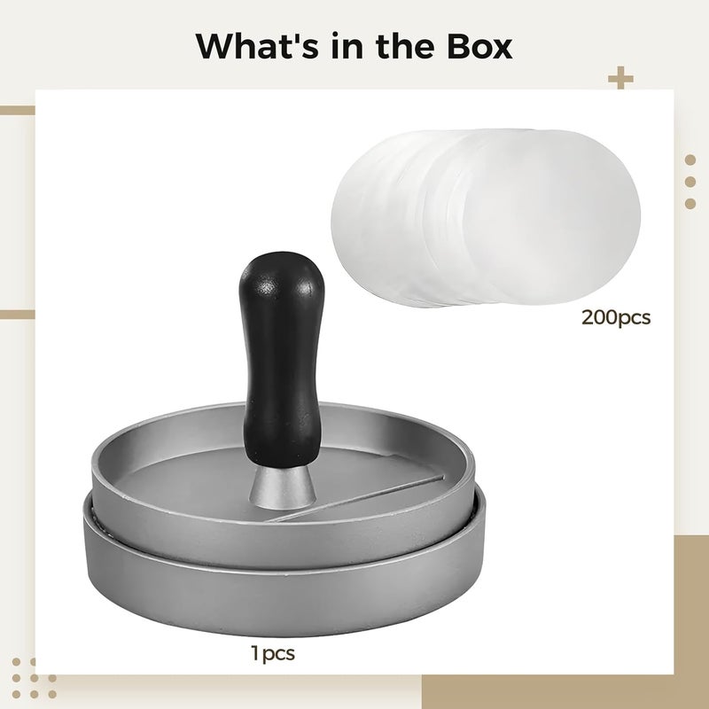 Aluminum Burger Press Patty Maker, Includes 2 Wax Paper with Wooden Handle, Dishwasher Safe, Easy Patty Making, for Camping and Picnics, Portable, Black Handle - Image 3