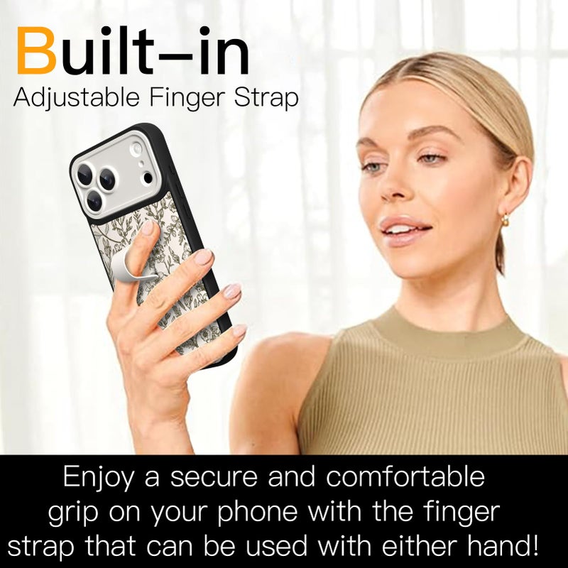 SOKAD for iPhone 17 Pro Case with Finger Strap Kickstand, Vintage Sage Floral Flower Phone Case with Finger Hand for Women Girls, Slim Full Camera Protection Shockproof Cover, Beige - Image 2