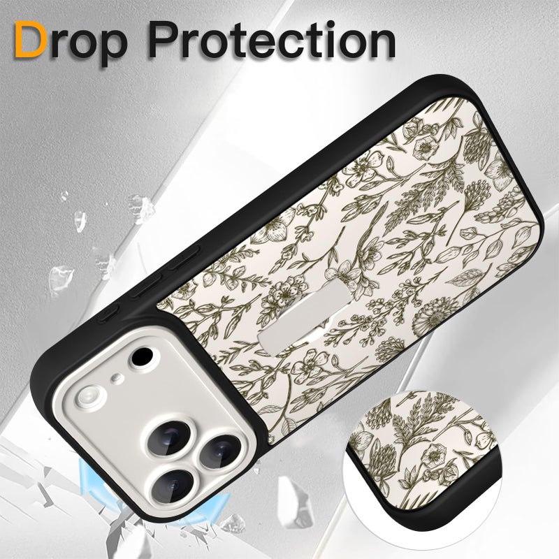 SOKAD for iPhone 17 Pro Case with Finger Strap Kickstand, Vintage Sage Floral Flower Phone Case with Finger Hand for Women Girls, Slim Full Camera Protection Shockproof Cover, Beige - Image 4