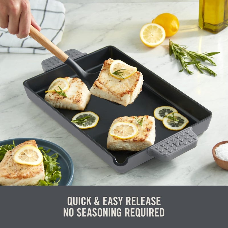 Dash Zakarian by 9"x13" Nonstick Cast Iron Pan with Pour Spout and Removable Silicone Grips for Searing, Baking, Broiling, Grilling and more - Grey - Image 5