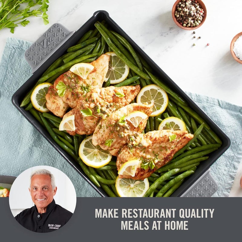 Dash Zakarian by 9"x13" Nonstick Cast Iron Pan with Pour Spout and Removable Silicone Grips for Searing, Baking, Broiling, Grilling and more - Grey - Image 3