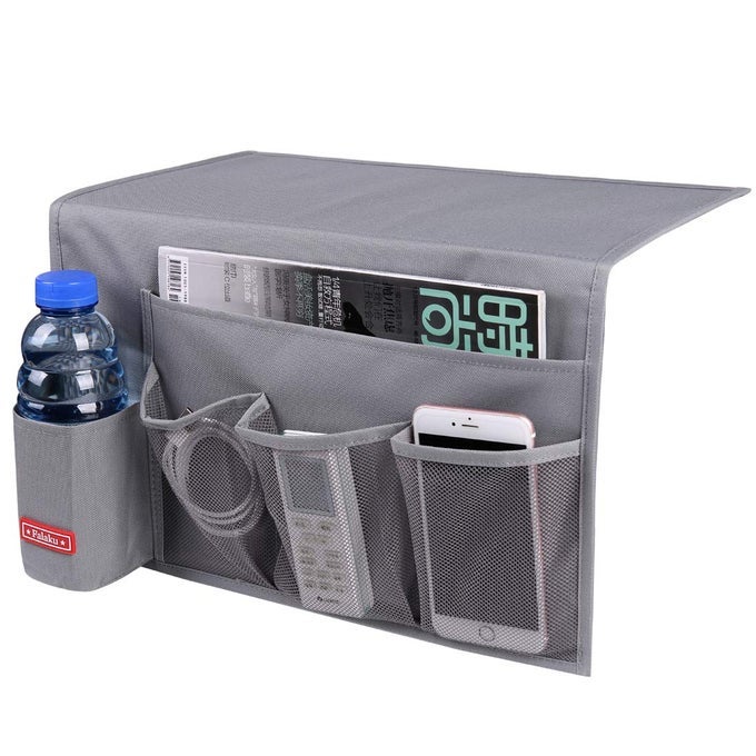 BEDSIDE CADDY5 POCKETS BEDSIDE ORGANIZER CADDY UNDER MATTRESSHOLDS WATER BOTTLESMAGAZINESBOOKS DARK GREY
