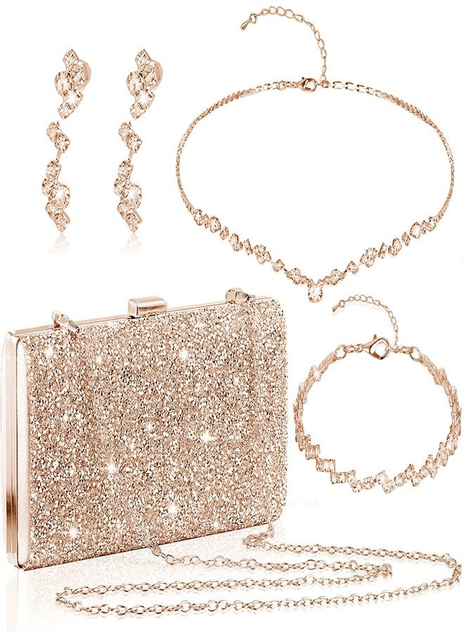 stablerice 4 Pieces Women Rhinestone Evening Clutch Bag Silver Clutch Purses Bag for Women Evening Rhinestone Jewelry Set Bling Necklace Earrings Bracelets Set for Wedding (Glitter Style) - Image 1