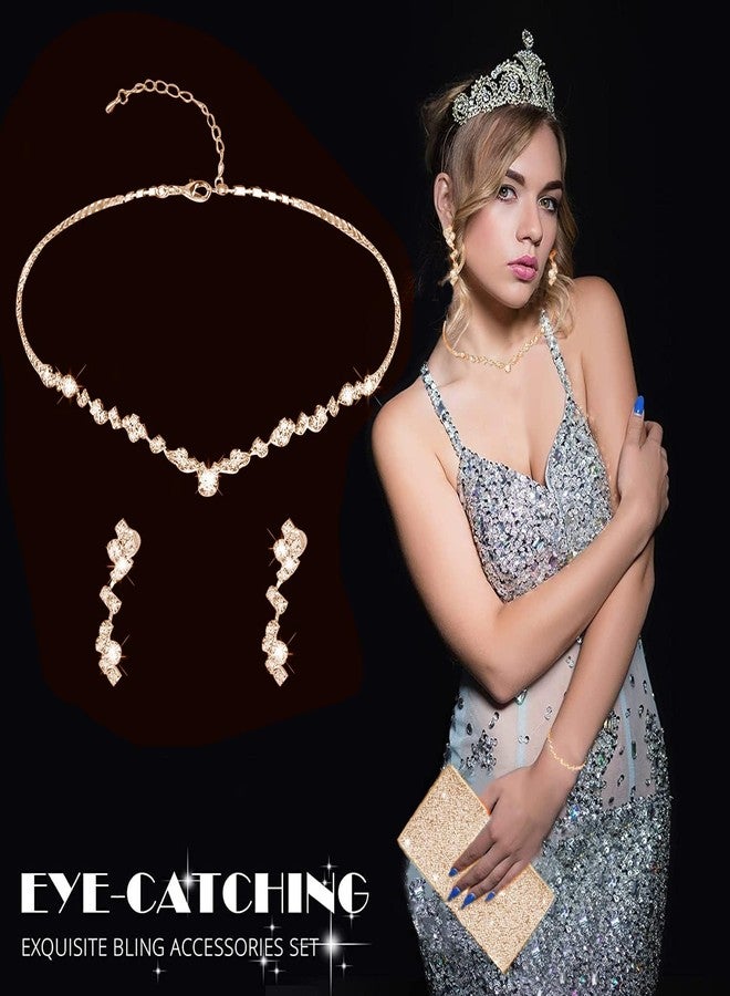 stablerice 4 Pieces Women Rhinestone Evening Clutch Bag Silver Clutch Purses Bag for Women Evening Rhinestone Jewelry Set Bling Necklace Earrings Bracelets Set for Wedding (Glitter Style) - Image 2