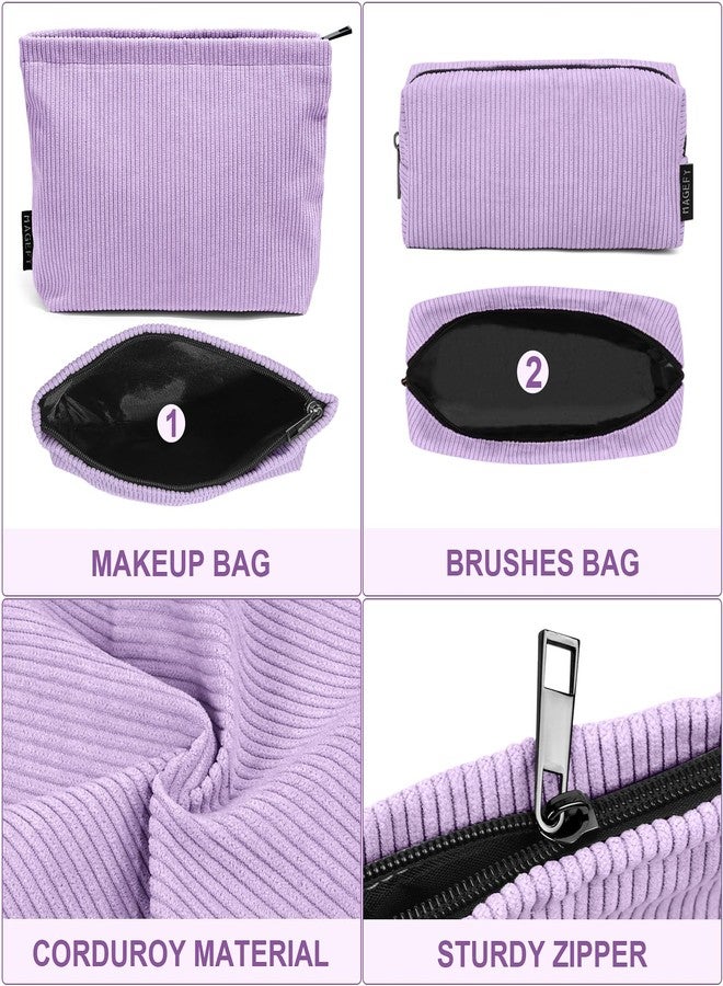MAGEFY Small Makeup Bag 2 PCS Corduroy Make up Bag for Purse Large Capacity Travel Cosmetic Bag for Women Zipper Makeup Pouch for Travelling Preppy Stuff - Purple - Image 3