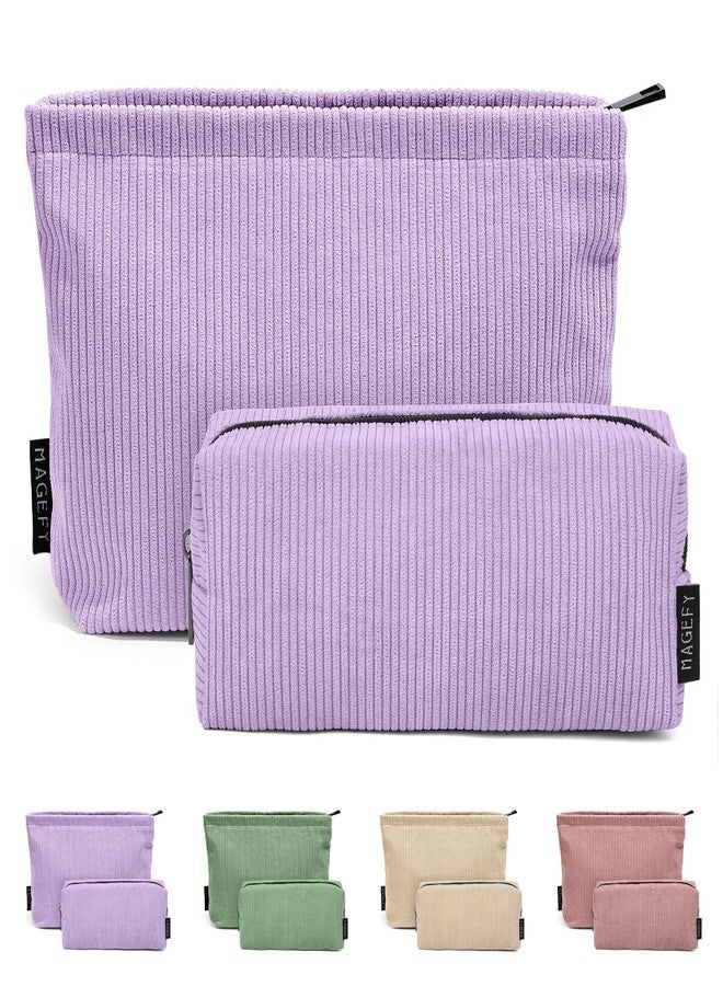 MAGEFY Small Makeup Bag 2 PCS Corduroy Make up Bag for Purse Large Capacity Travel Cosmetic Bag for Women Zipper Makeup Pouch for Travelling Preppy Stuff - Purple - Image 1