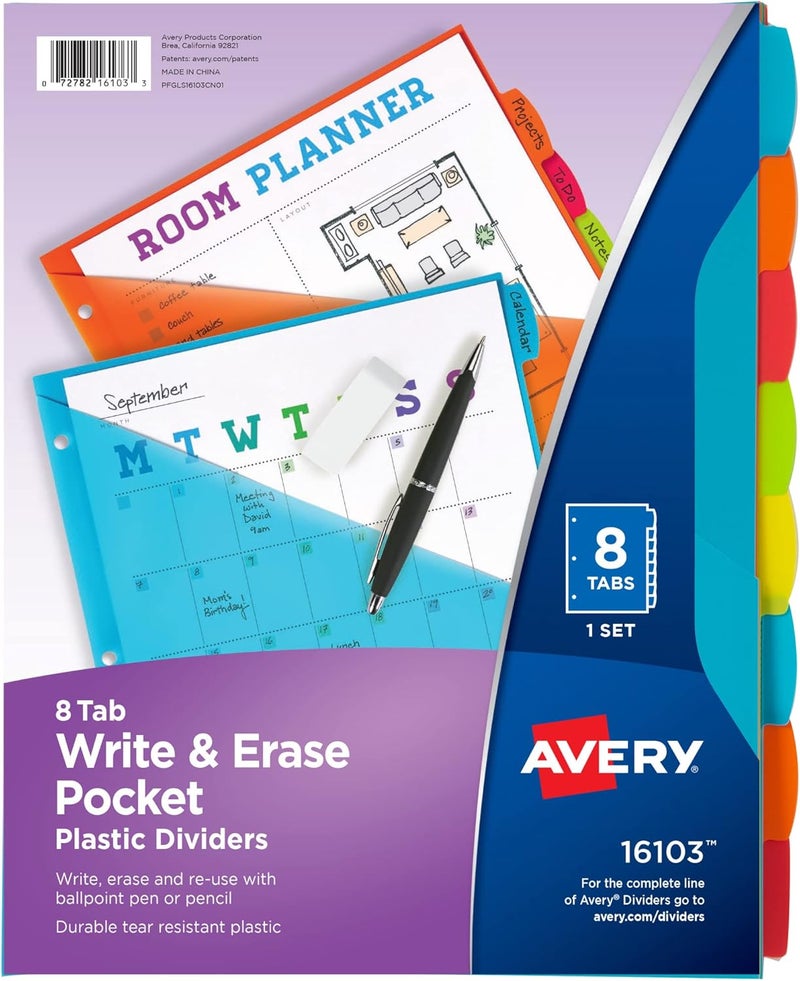 AVERY Write & Erase Durable Plastic Dividers with Pockets, 8-Tab Set, Brights (16103) - Image 1
