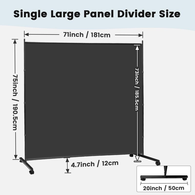 MAYOLIAH Large Single Panel Room Divider on Wheels, 71â€W x 75â€H Rolling Privacy Screen, Portable Wall Divider for Home Office Partition, Black - Image 2
