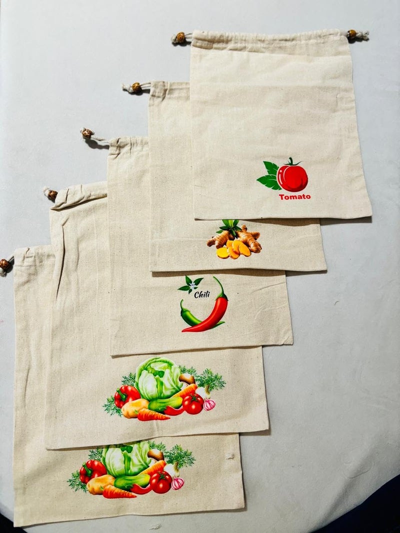 Mezzotek KHADI BG Cotton Reusable Vegetable Storage Bag For Fridge Set Of 5 Bags 2 large and 3medium sizeWashable - Image 2