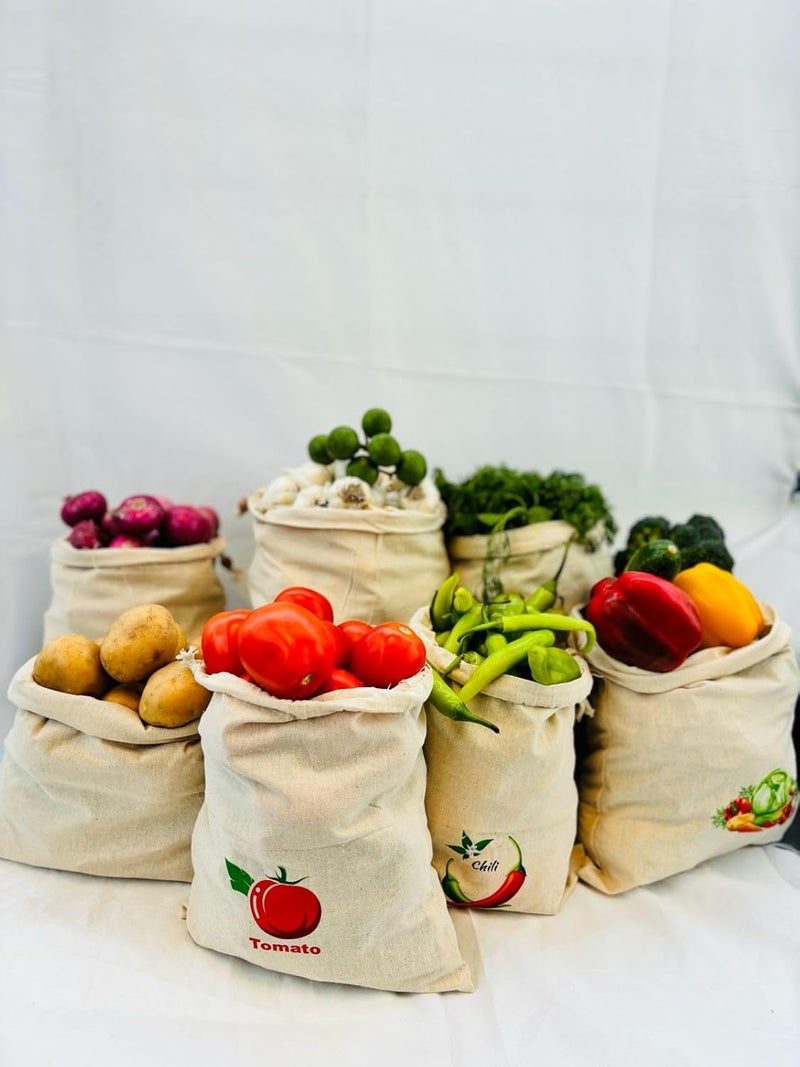 Mezzotek KHADI BG Cotton Reusable Vegetable Storage Bag For Fridge Set Of 5 Bags 2 large and 3medium sizeWashable - Image 4