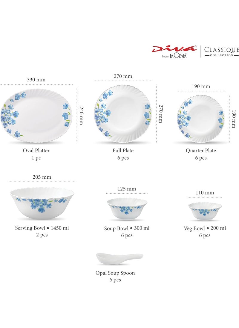 La Opala Laopala Opalware Diva Aster Blue Dinner Set - Pack of 33 Piece  - Image 2
