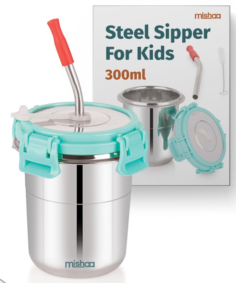 Mishaa 300ml Stainless Steel Tumbler for Kids 1 Pc, Stylish Drinkware with Leak-Proof Straw, Secure Lid & Handy Cleaning Brush, Sea Green - Image 1