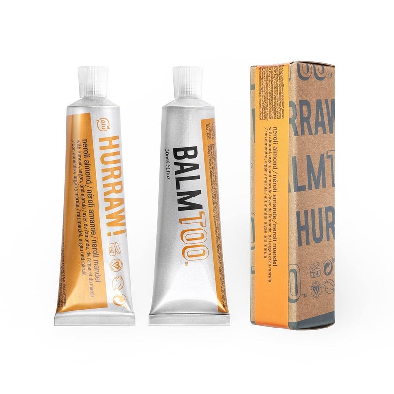 Hurraw Balmtoo Squeezable Balm Neroli Almond Thick ultramoisturizing Anywhere application Body face lips neck fingers toes 1 tube  7 sticks of lip balm Natural Organic Made in USA