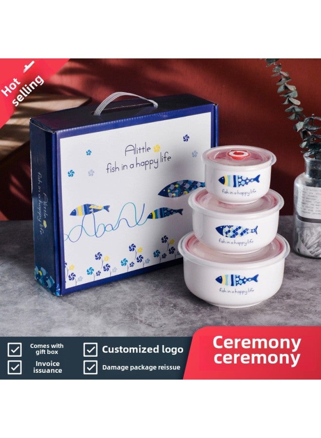 Ceramic Fresh-keeping Bowl Three-piece Gift Bowl Set Sealed Bowl Printed Logo Opening Activity Promotion Sales Gift-Specifications:Cartoon Fish-Color:3-piece Fresh Bowl Set (20 Sets Per Box) - Image 1