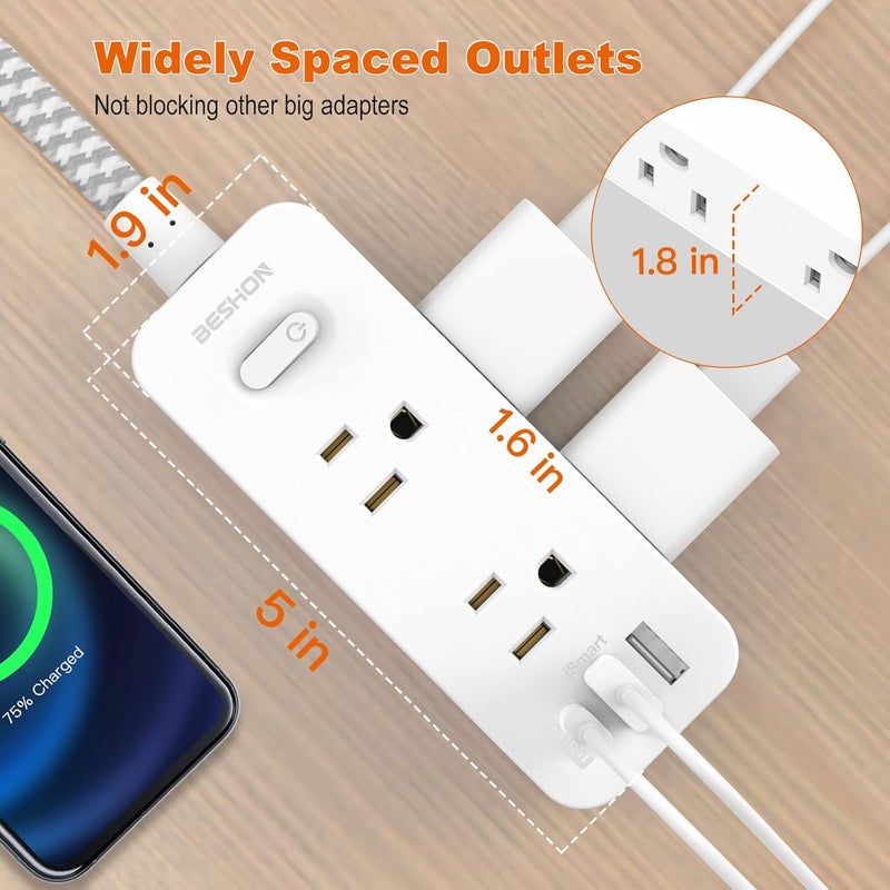 BESHON 10 FT Extension Cord, Surge Protector Power Strip with 6 Widely AC Outlets 3 USB Ports(1 USB C), 3-Side Outlet Extender, Flat Plug, Wall Mount for Home, Office, Travel and Dorm Essential - Image 4
