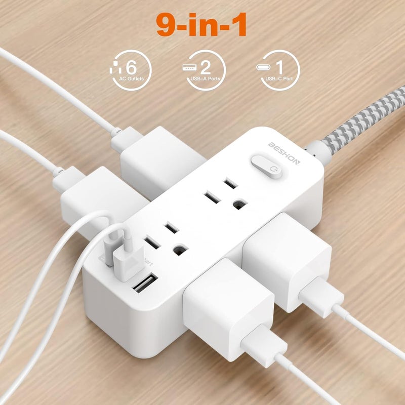 BESHON 10 FT Extension Cord, Surge Protector Power Strip with 6 Widely AC Outlets 3 USB Ports(1 USB C), 3-Side Outlet Extender, Flat Plug, Wall Mount for Home, Office, Travel and Dorm Essential - Image 3