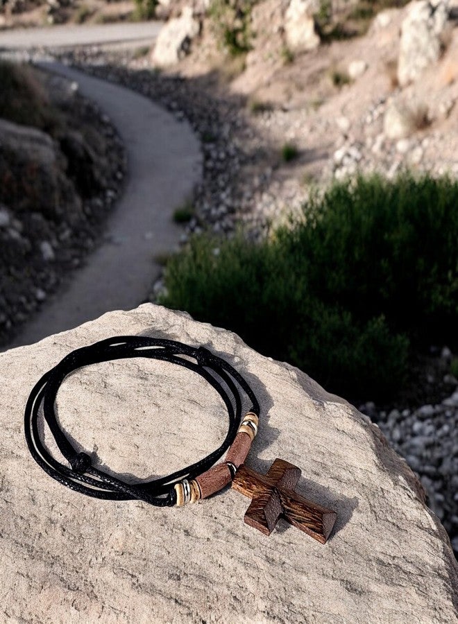BlueRica Hand Carved Wood Cross on Adjustable Black Cord Necklace - Image 5
